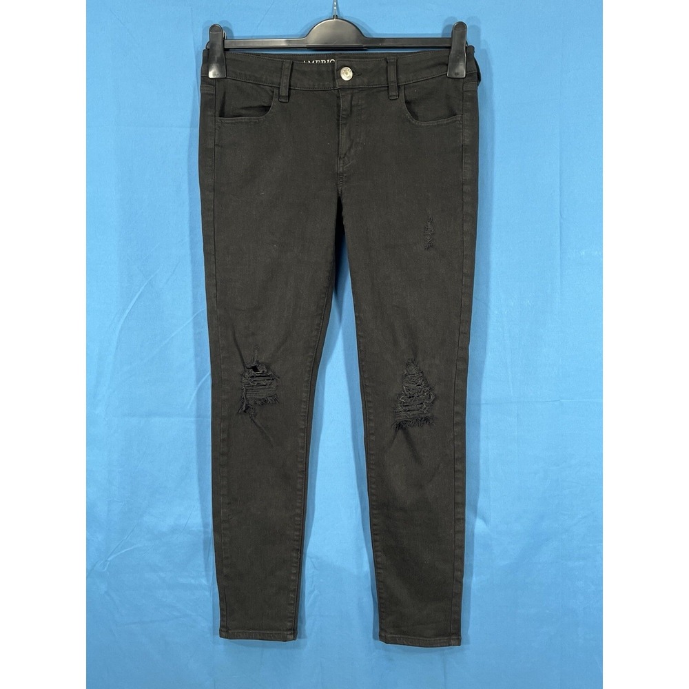 AMERICAN EAGLE Super Stretch BLACK Destroyed 4-POCKET Twill JEANS/JEGGINGS Sz 10
